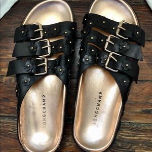 LONGCHAMP Black/Rose Gold Floral Slides